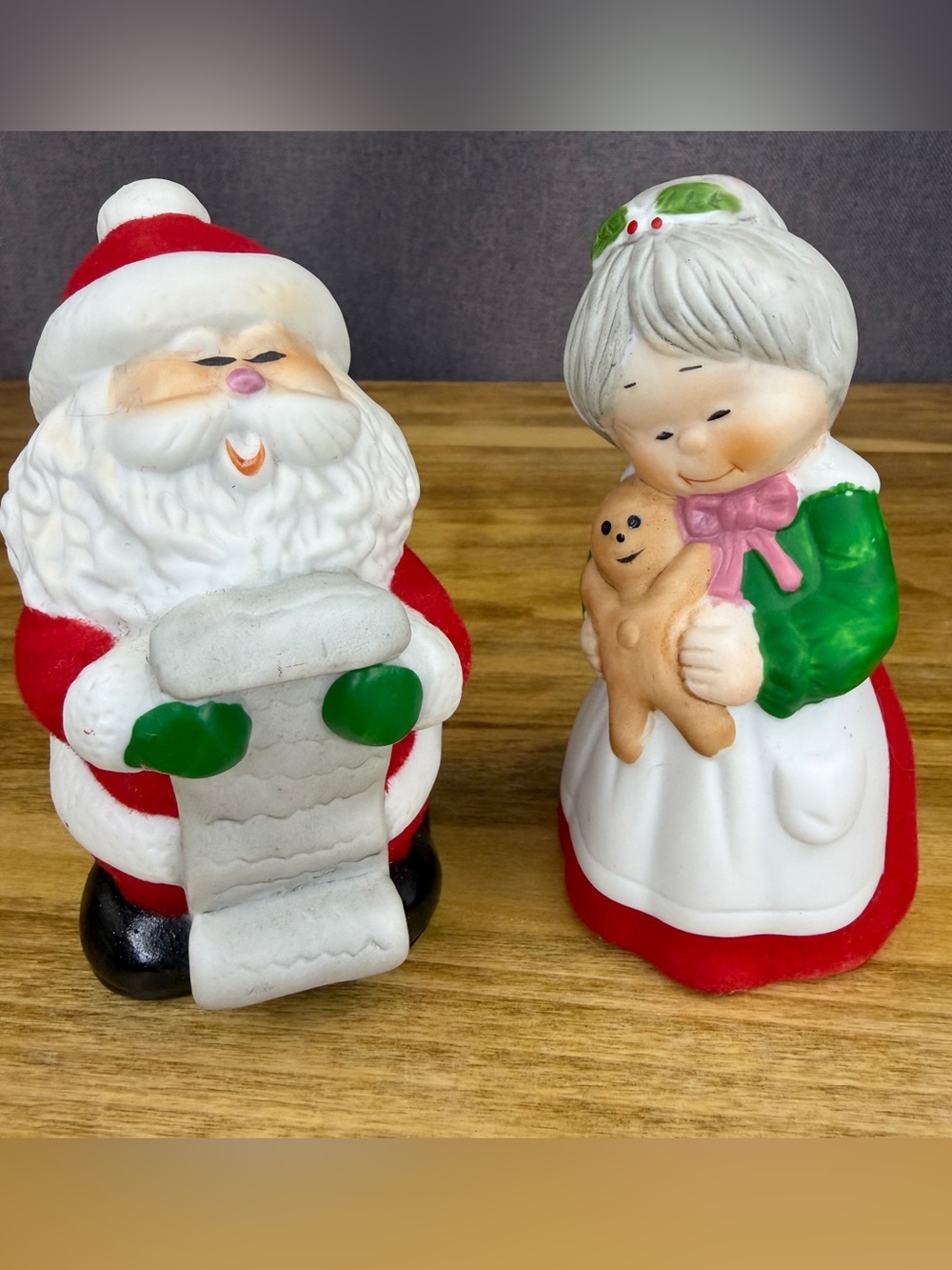 Vintage JASCO Two Christmas Bells Santa List Mrs. Claus Gingerbread Felt 5 inche
